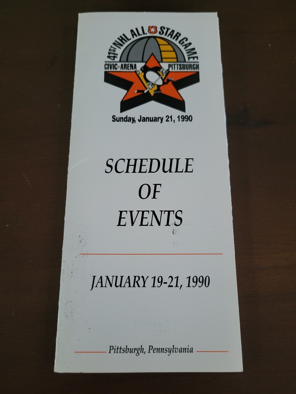 Vintage 1990 NHL All-Star Game Pittsburgh, PA Schedule of Events Brochure